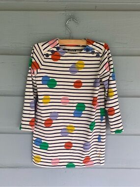 Mini Boden navy striped dress with colorful dots Sz 4-5